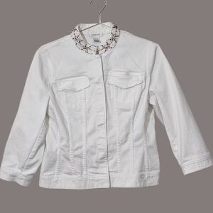 Y2k Harold's Denim Jean Jacket Button Front Sz M White Embroidered Neck Retro